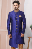 Embroidered Banarasi Silk Navy Blue Men's Sherwani with Churidar