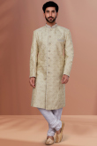 Embroidered Beige Art Silk Churidar Men Sherwani