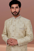 Embroidered Beige Art Silk Churidar Men Sherwani