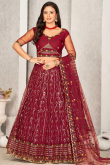 Embroidered Burgundy Maroon Net Panelled Style Lehenga