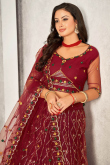 Embroidered Burgundy Maroon Net Panelled Style Lehenga