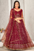 Embroidered Burgundy Maroon Net Panelled Style Lehenga