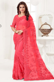 Embroidered Carrot Pink Net Saree With Net Blouse