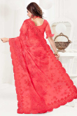 Embroidered Carrot Pink Net Saree With Net Blouse