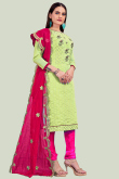 Embroidered Chanderi Pear Green Churidar Suit