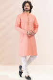 Embroidered Collar Linen Cotton Coral Peach Men's Kurta Churidar