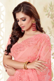 Embroidered Coral Pink Net Saree With Net Blouse