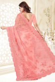 Embroidered Coral Pink Net Saree With Net Blouse
