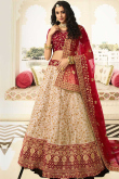 Embroidered Cream Silk Lehenga With Velvet Choli