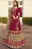 Embroidered Dark Beige Net Straight Cut Lehenga
