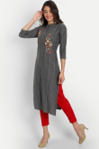 Embroidered Dark Grey Cotton Casual Wear Ready Made Kurti