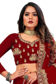 Embroidered Dark Maroon Velvet Lehenga