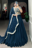Embroidered Dark Peacock Blue Silk Flared Chaniya Choli