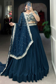 Embroidered Dark Peacock Blue Silk Flared Chaniya Choli