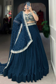 Embroidered Dark Peacock Blue Silk Flared Chaniya Choli