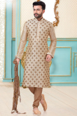 Embroidered Dupion Silk Beige Men Kurta Pajama