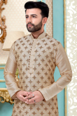 Embroidered Dupion Silk Beige Men Kurta Pajama