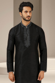 Embroidered Dupion Silk Black Men's Kurta With Churidar