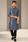 Embroidered Dupion Silk Bluish Grey Men's Kurta With Churidar