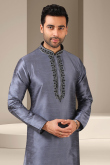 Embroidered Dupion Silk Bluish Grey Men's Kurta With Churidar