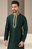 Embroidered Dupion Silk Bottle Green Men's Kurta With Churidar