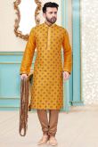 Embroidered Dupion Silk Carrot Orange Men Kurta Pajama