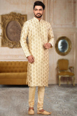 Embroidered Dupion Silk Cream Beige Men Kurta Pajama