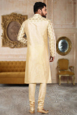 Embroidered Dupion Silk Cream Beige Men Kurta Pajama