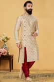 Embroidered Dupion Silk Cream Beige Men Sherwani