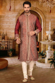 Embroidered Dupion Silk Deep Red Men Kurta Pajama