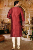 Embroidered Dupion Silk Deep Red Men Kurta Pajama