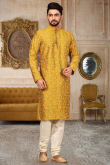 Embroidered Dupion Silk Mustard Yellow Men Kurta Pajama