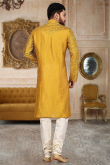 Embroidered Dupion Silk Mustard Yellow Men Kurta Pajama
