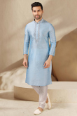 Embroidered Dupion Silk Powder Blue Men's Kurta With Churidar