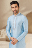 Embroidered Dupion Silk Powder Blue Men's Kurta With Churidar