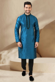 Embroidered Dupion Silk Sea Blue Men's Kurta With Churidar