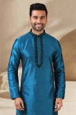Embroidered Dupion Silk Sea Blue Men's Kurta With Churidar