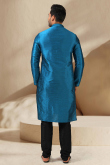 Embroidered Dupion Silk Sea Blue Men's Kurta With Churidar