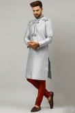 Embroidered Dupion Silk Silver Men Kurta