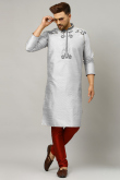 Embroidered Dupion Silk Silver Men Kurta