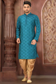Embroidered Dupion Silk Teal Blue Men Kurta Pajama
