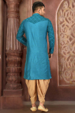 Embroidered Dupion Silk Teal Blue Men Kurta Pajama