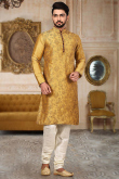 Embroidered Dupion Silk Trombone Yellow Men Kurta Pajama