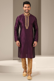 Embroidered Dupion Silk Wine Men's Kurta With Churidar