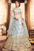 Embroidered Dusty Blue Satin A-Line Lehenga