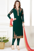 Embroidered Georgette Churidar Suit In Bottle Green Colour