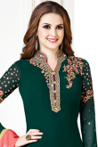 Embroidered Georgette Churidar Suit In Bottle Green Colour