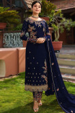 Navy Blue Traditional Party Wear Trouser Suit in Georgette