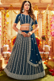 Georgette Prussian Blue Resham Embroidered Wedding Wear Lehenga