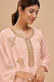 Georgette Salmon Peach Party Wear Trouser Suit with Resham Work